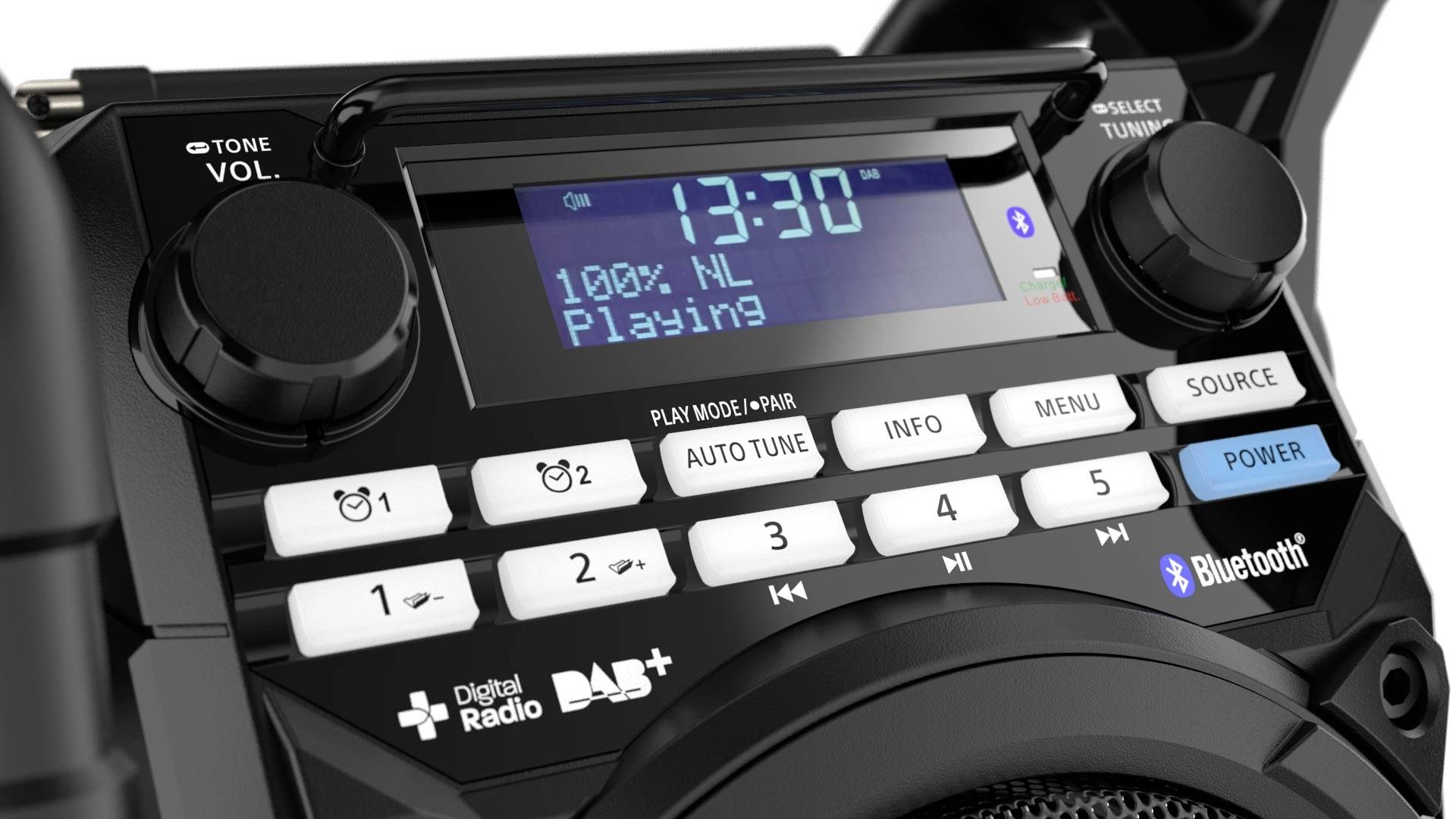 PerfectPro Teamplayer 2 Radio de chantier FM, DAB+ Bluetooth, AUX, DAB+, FM  fonction de charge de la batterie, résistan-1