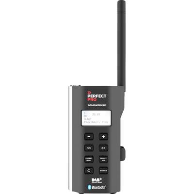 Une radio DAB+ portable avec fonction Bluetooth, clavier et petit écran. Marque 'PerfectPro Workman'.