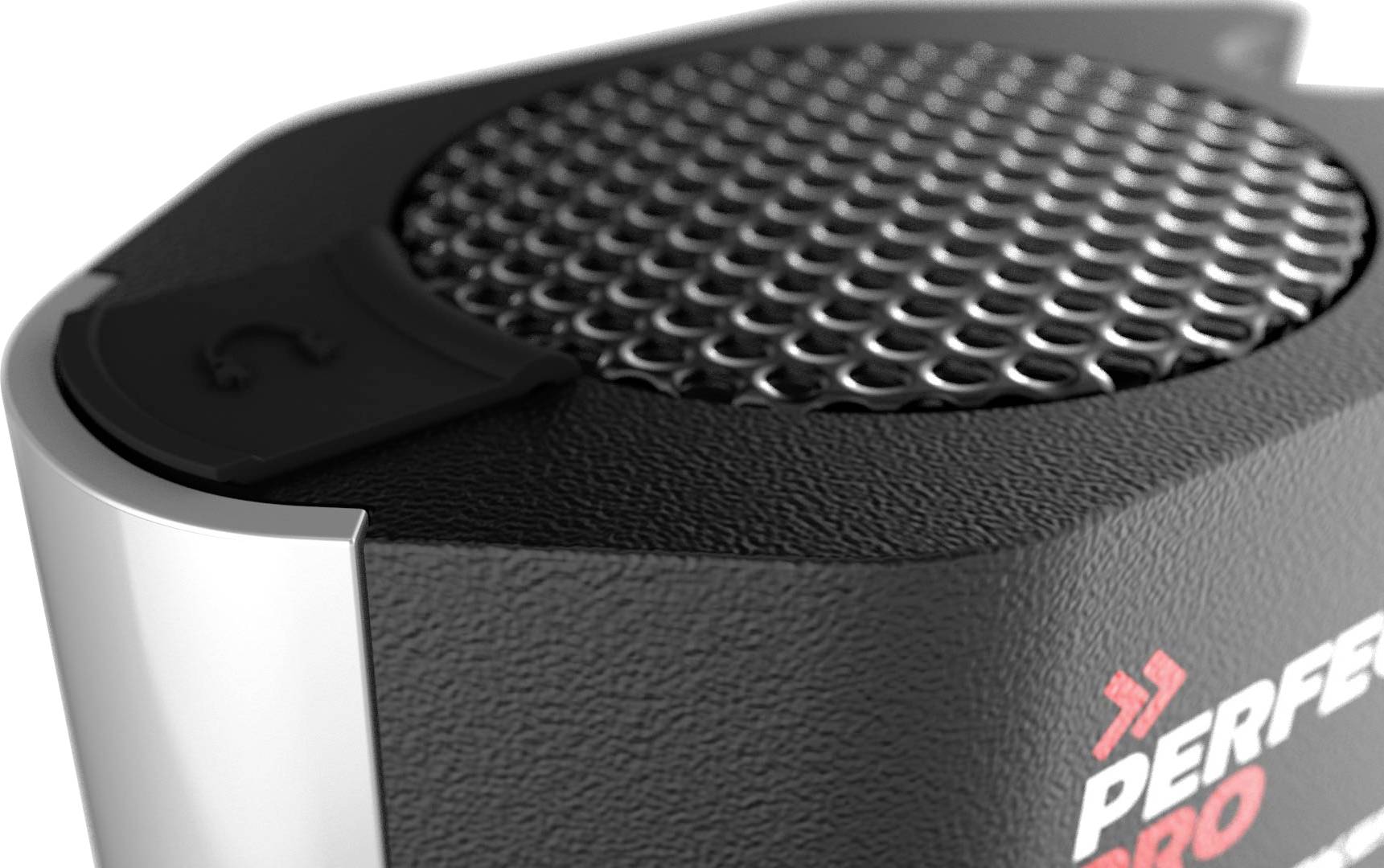Gros plan sur une grille de haut-parleur avec un tissu métallique grossier. En haut à droite, une partie du logo 'PERFECTPRO' est visible.