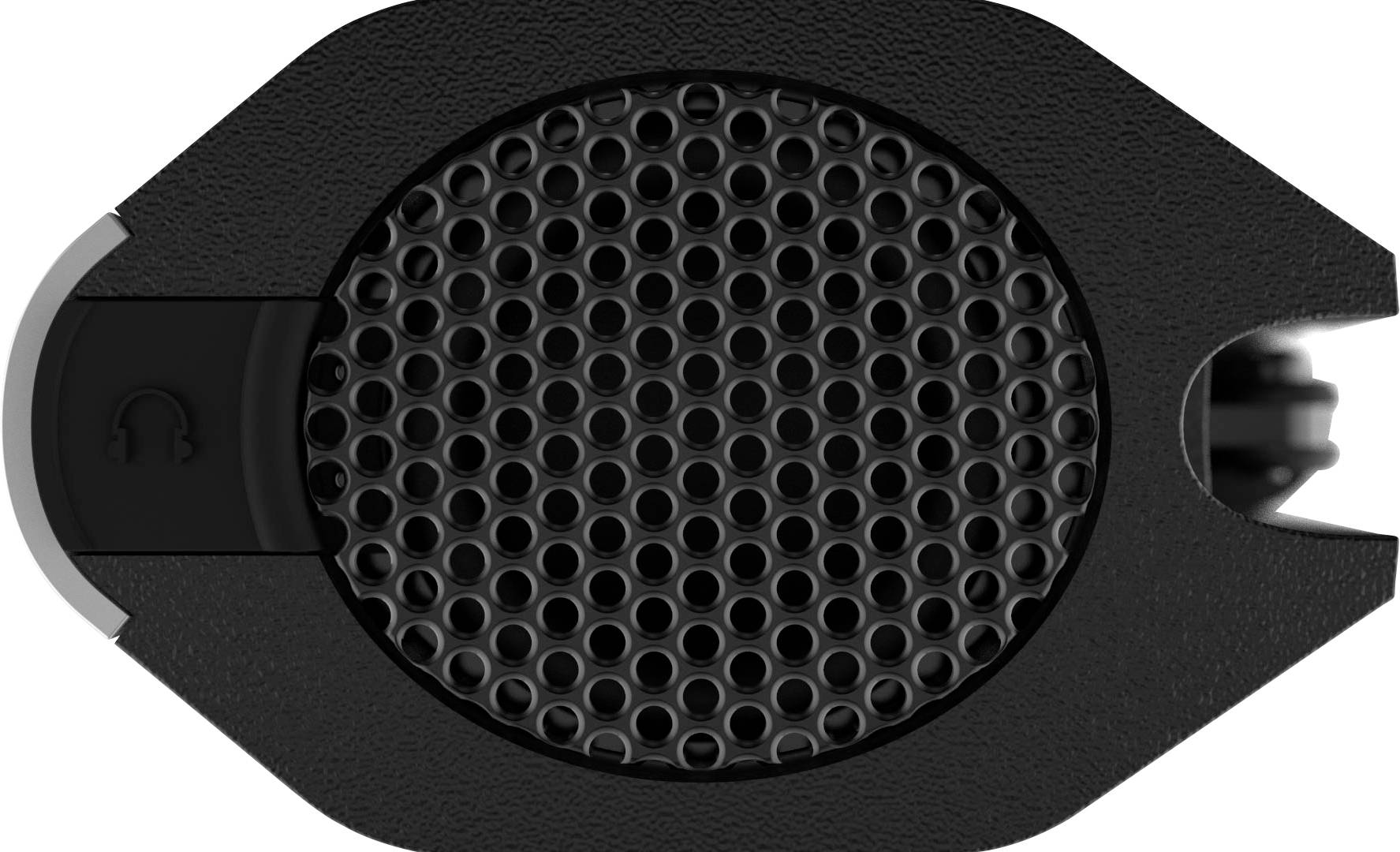 Casque audio noir avec motif en grille, dont les coussinets d'oreille sont visibles sur les côtés.