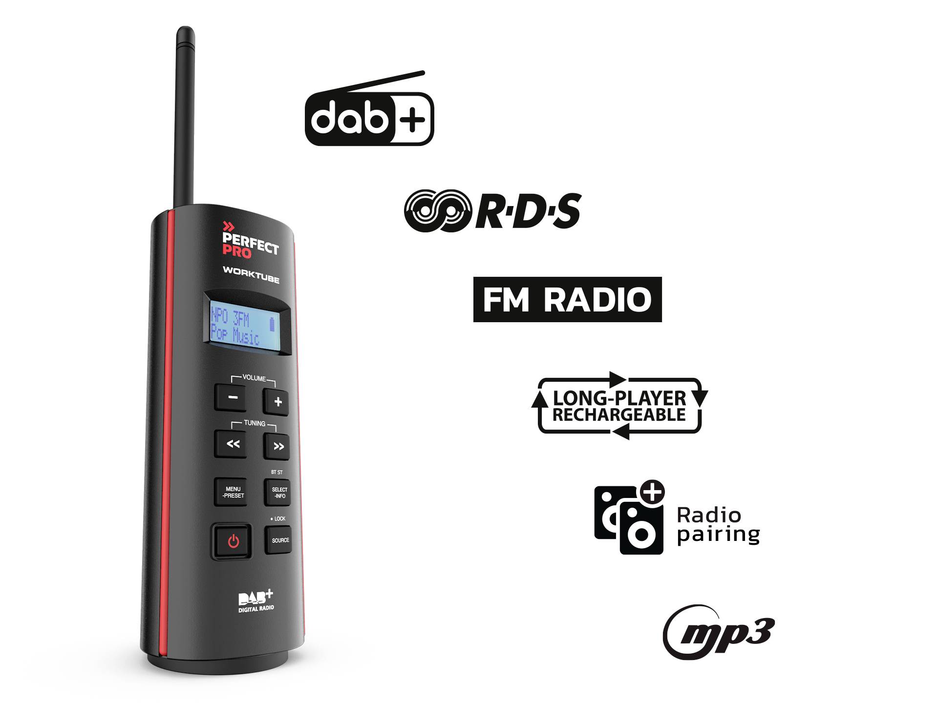 PerfectPro WORKTUBE Radio de chantier DAB+, FM AUX  résistant aux coups, rechargeable noir-6
