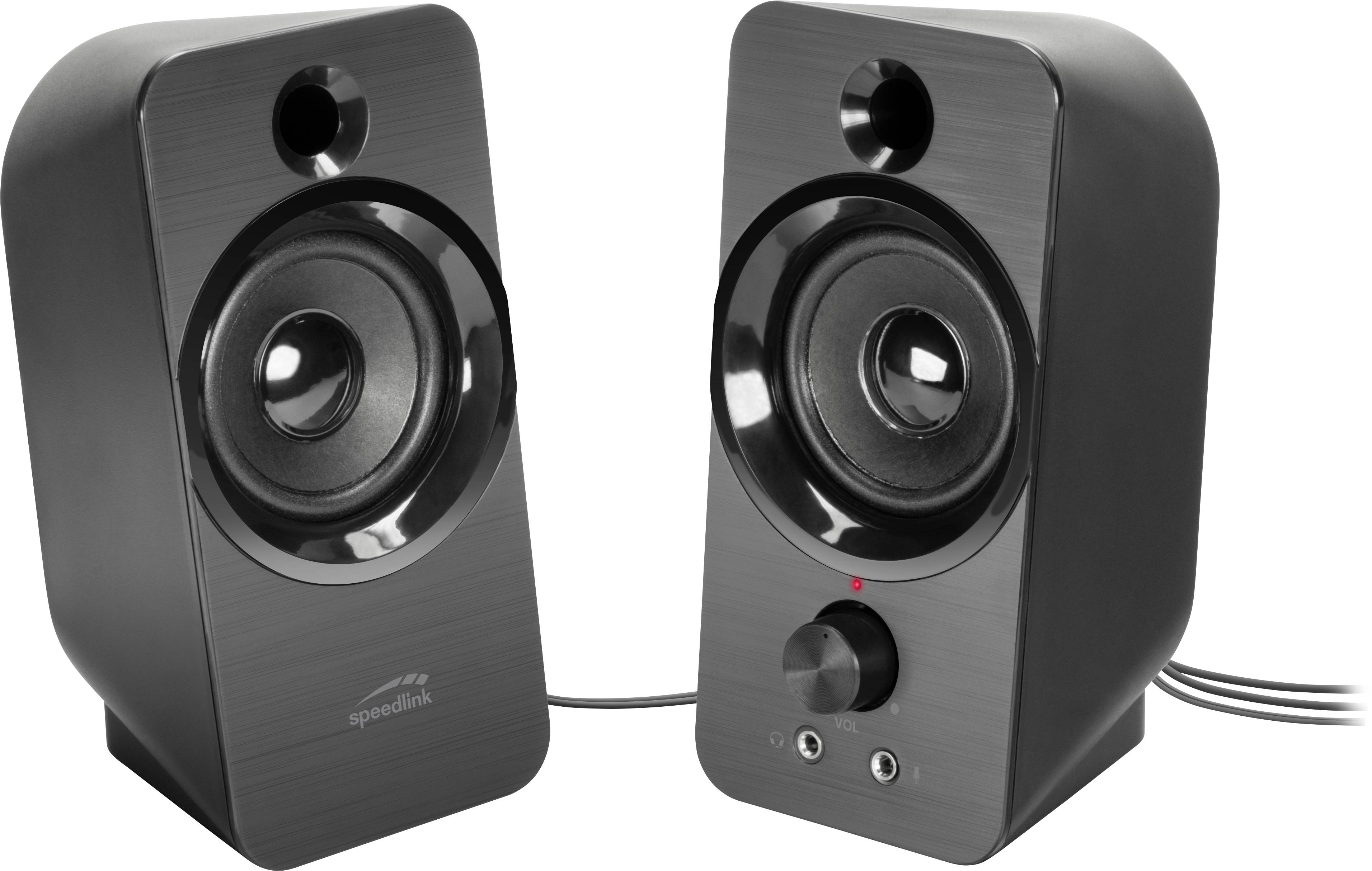 Deux enceintes noires avec des membranes rondes et des connexions par câble ; l'une dispose d'un réglage de volume et d'une prise pour casque.