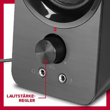 Haut-parleur avec bouton rotatif pour le réglage du volume et deux connexions sur la façade. Un marquage rouge indique l'inscription 'CONTRÔLE DU VOLUME'.