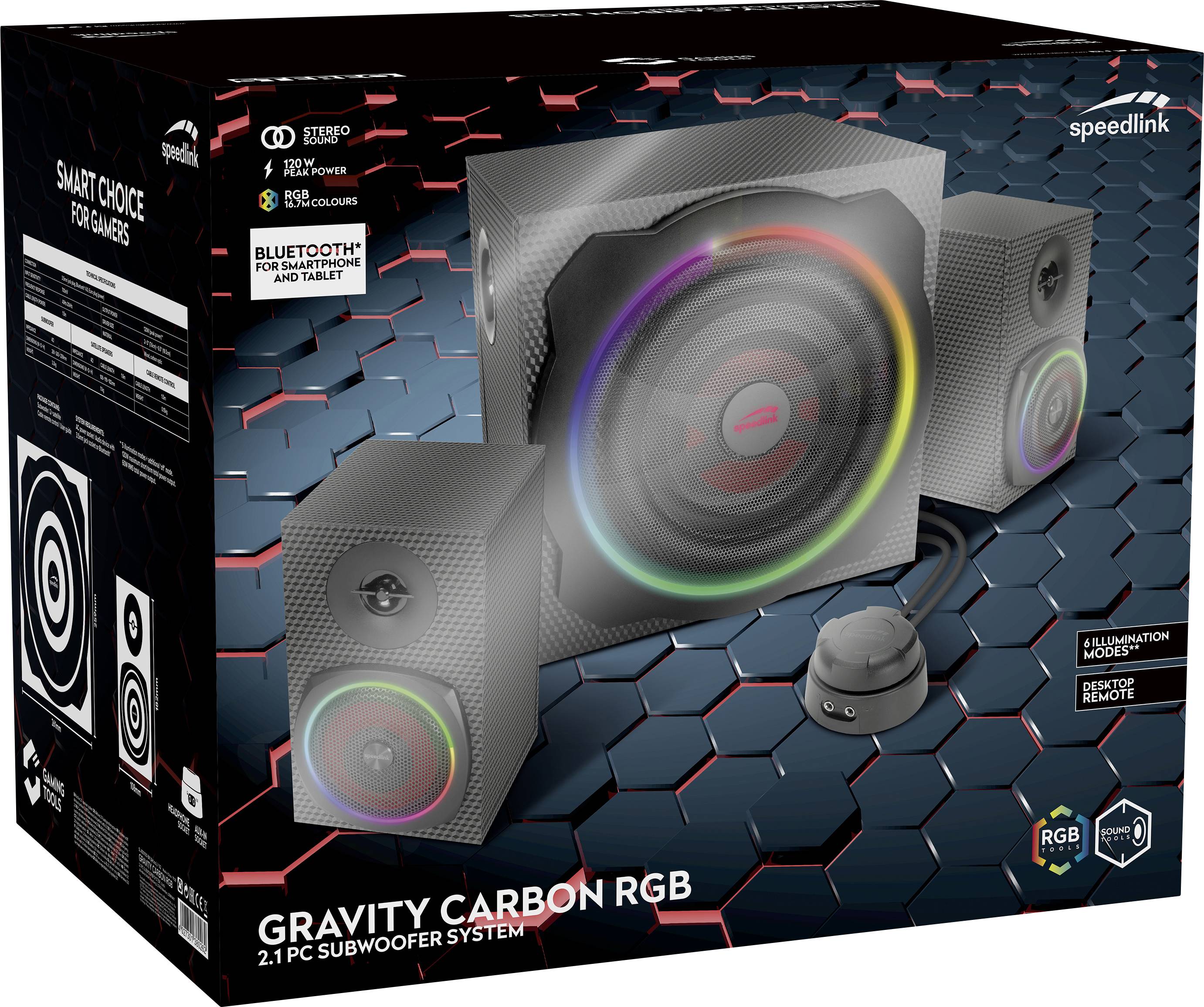 Système de haut-parleurs "Gravity Carbon RGB" avec deux enceintes et un caisson de basses, connectivité Bluetooth et éclairage RVB. Idéal pour les gamers.
