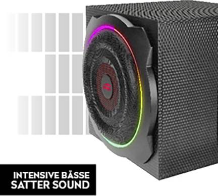 Haut-parleur noir avec un anneau LED lumineux sur l'avant, texte : « Basses intenses, son puissant », soulignant un son riche et dynamique.