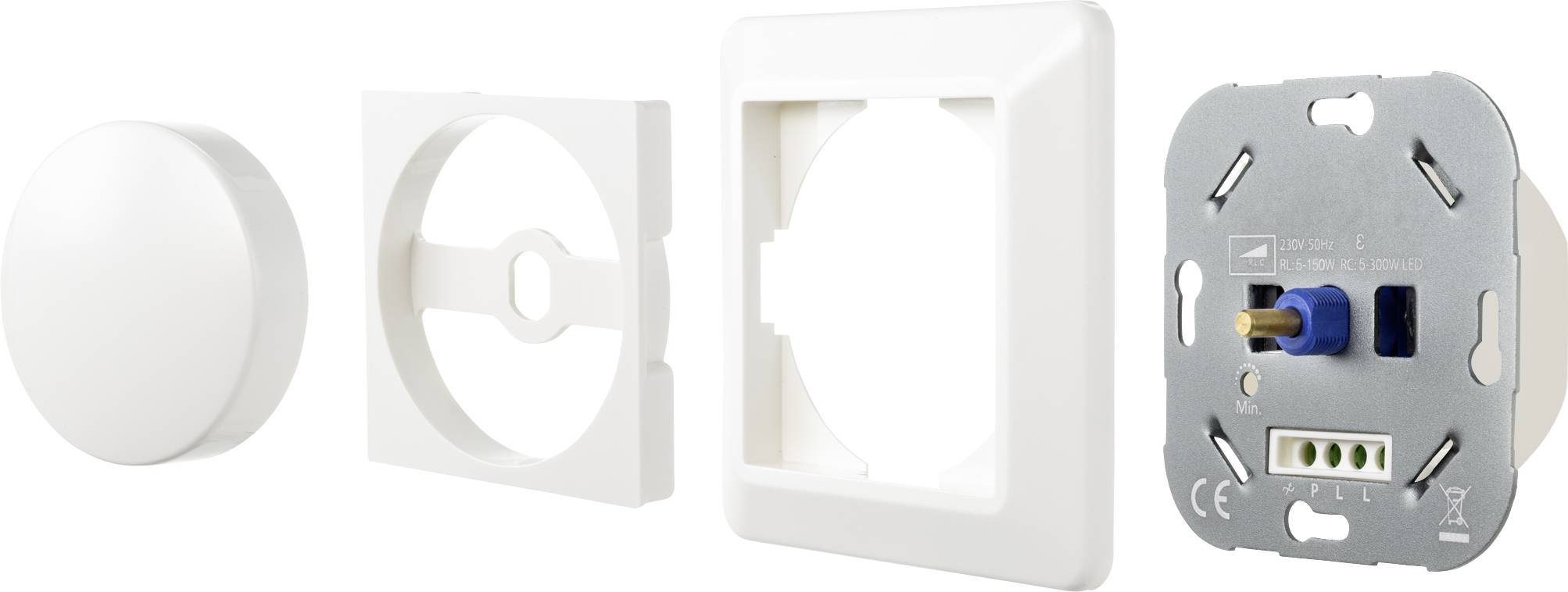 Quatre composants d'un interrupteur sont disposés côte à côte : un couvercle rond, un support rond, un support carré et un insert métallique avec des bornes.