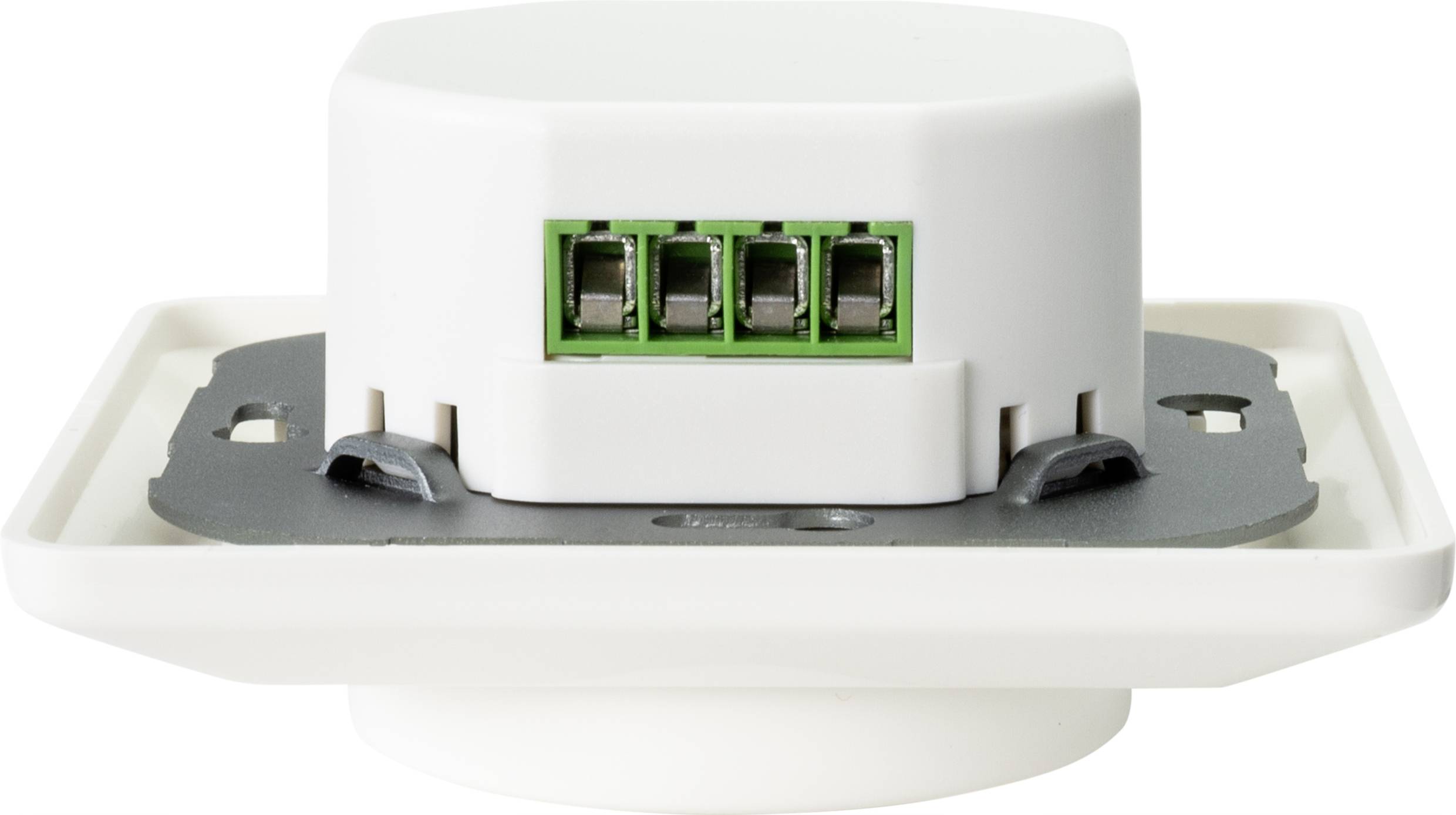 Un interrupteur électrique blanc avec des bornes de connexion vertes, adapté à une installation murale, sur un fond blanc.