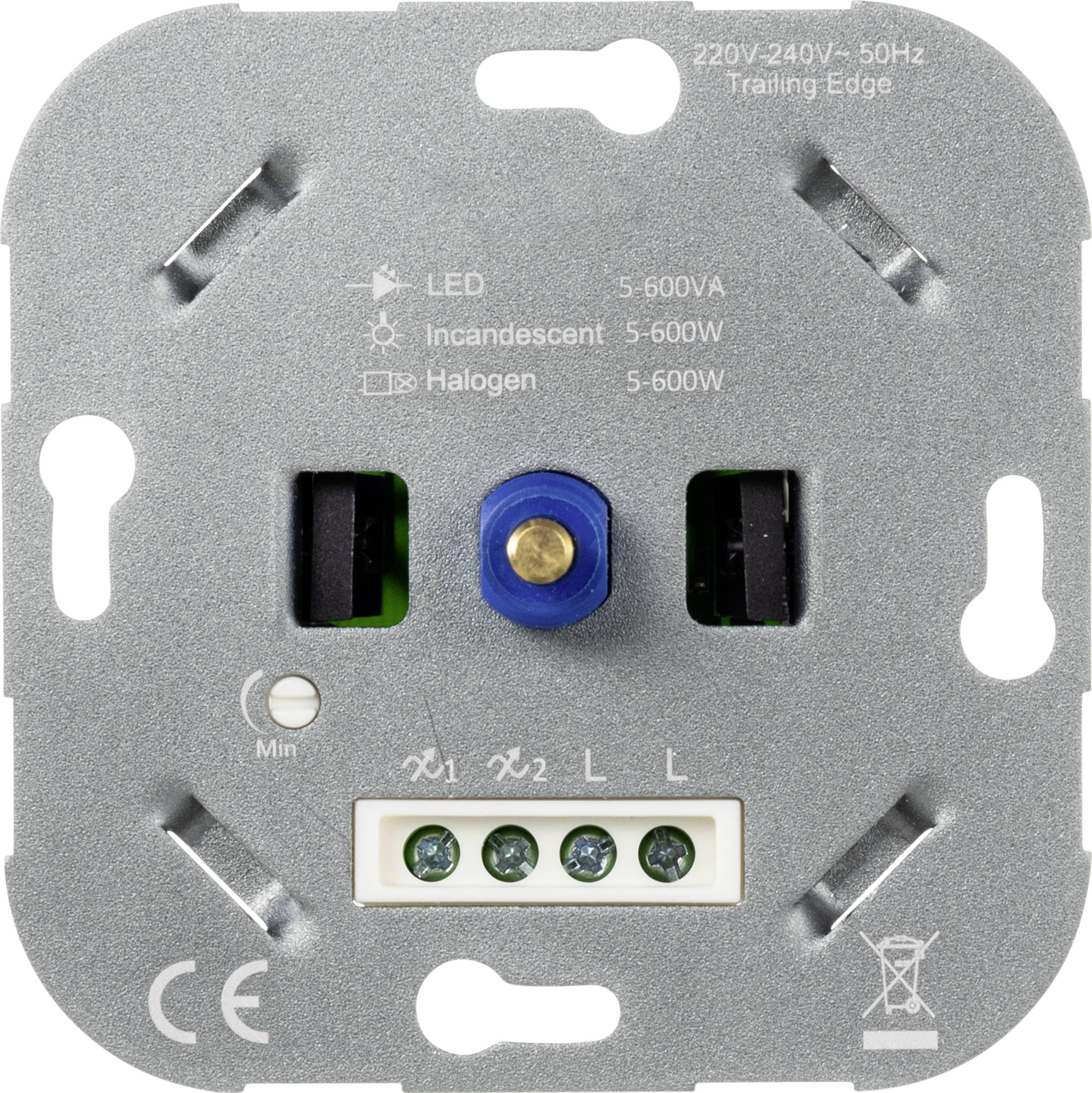 Variateur de lumière en vue frontale avec une vis bleue au centre et des symboles pour LED, ampoules à incandescence, lampes halogènes. Tension 220-240V.