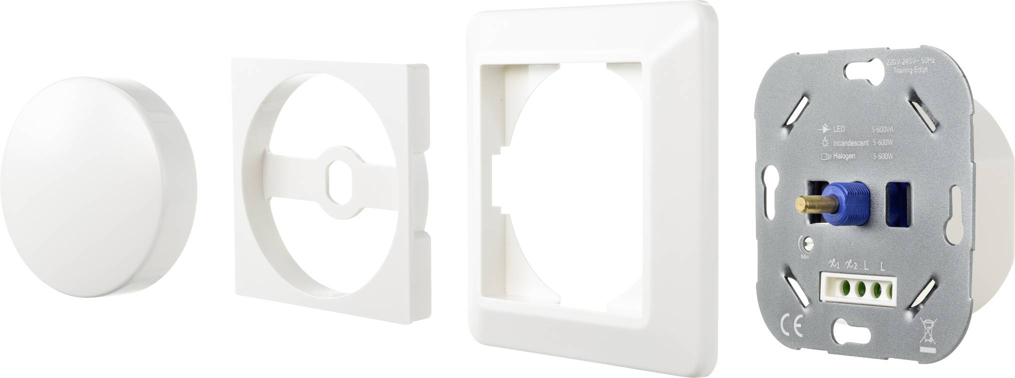 Illustration d'un interrupteur démonté : le couvercle, le cadre, la plaque intermédiaire et l'unité électronique de commutation sont présentés.