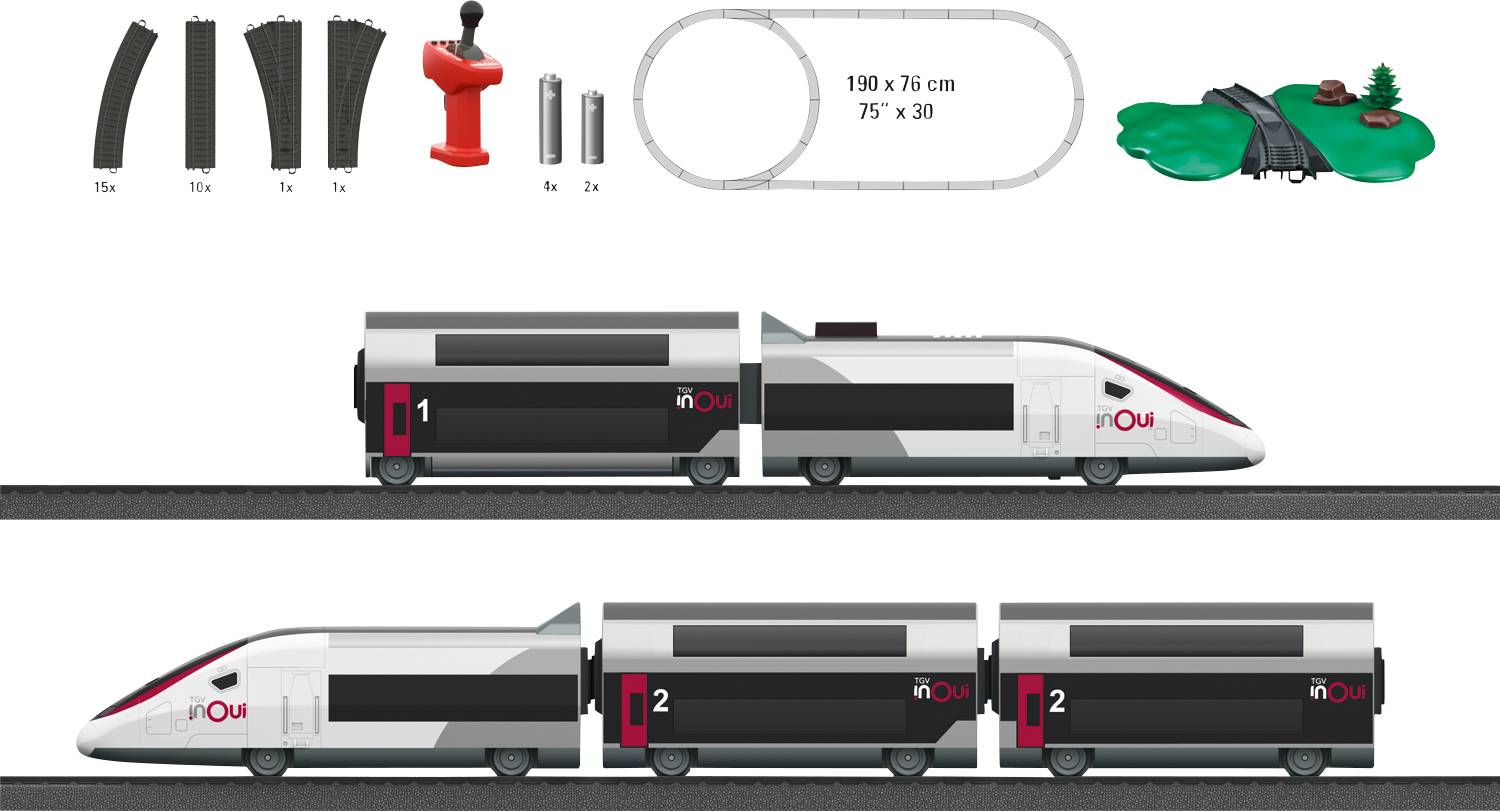 Ensemble de train miniature avec circuit, train à grande vitesse en noir et blanc. Comprend 15 rails droits, 12 rails courbes, un aiguillage et des accessoires. Dimensions : 190 x 76 cm.