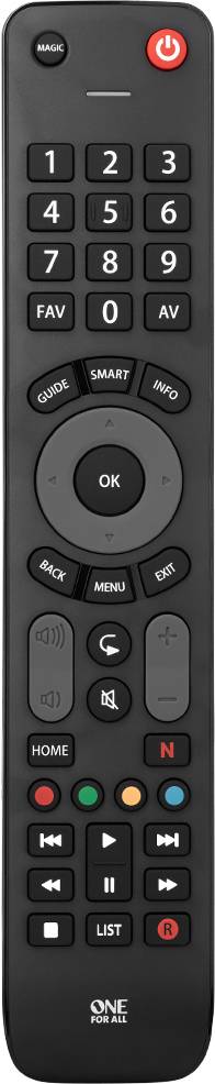 Télécommande noire avec des touches pour contrôler le volume, les chaînes et des fonctions telles que 'Smart', 'Menu', 'Home' et 'Power'.
