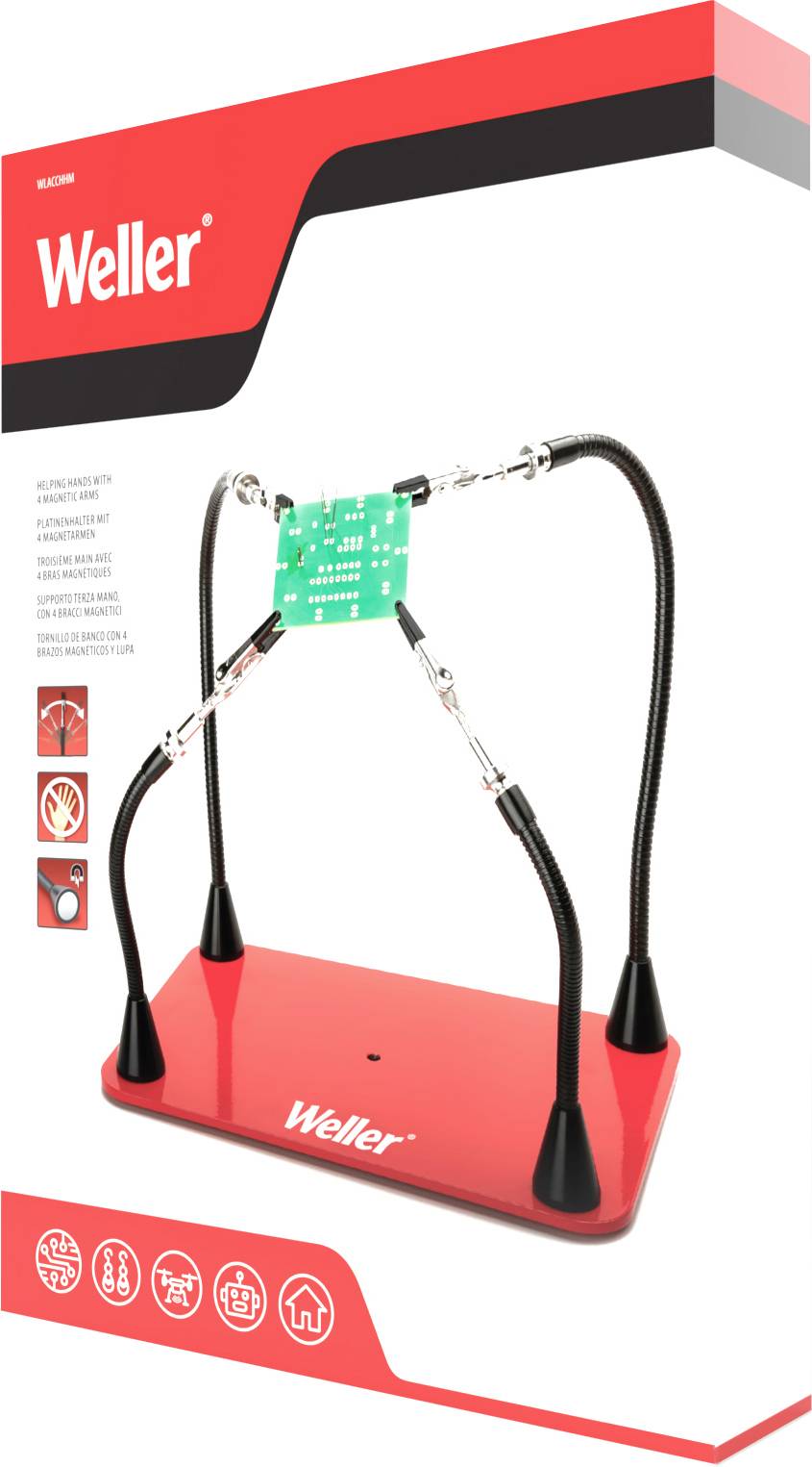 Support pour circuits imprimés avec bras de préhension flexibles sur base rouge. Nom de marque 'Weller' en haut à gauche et sur la base.
