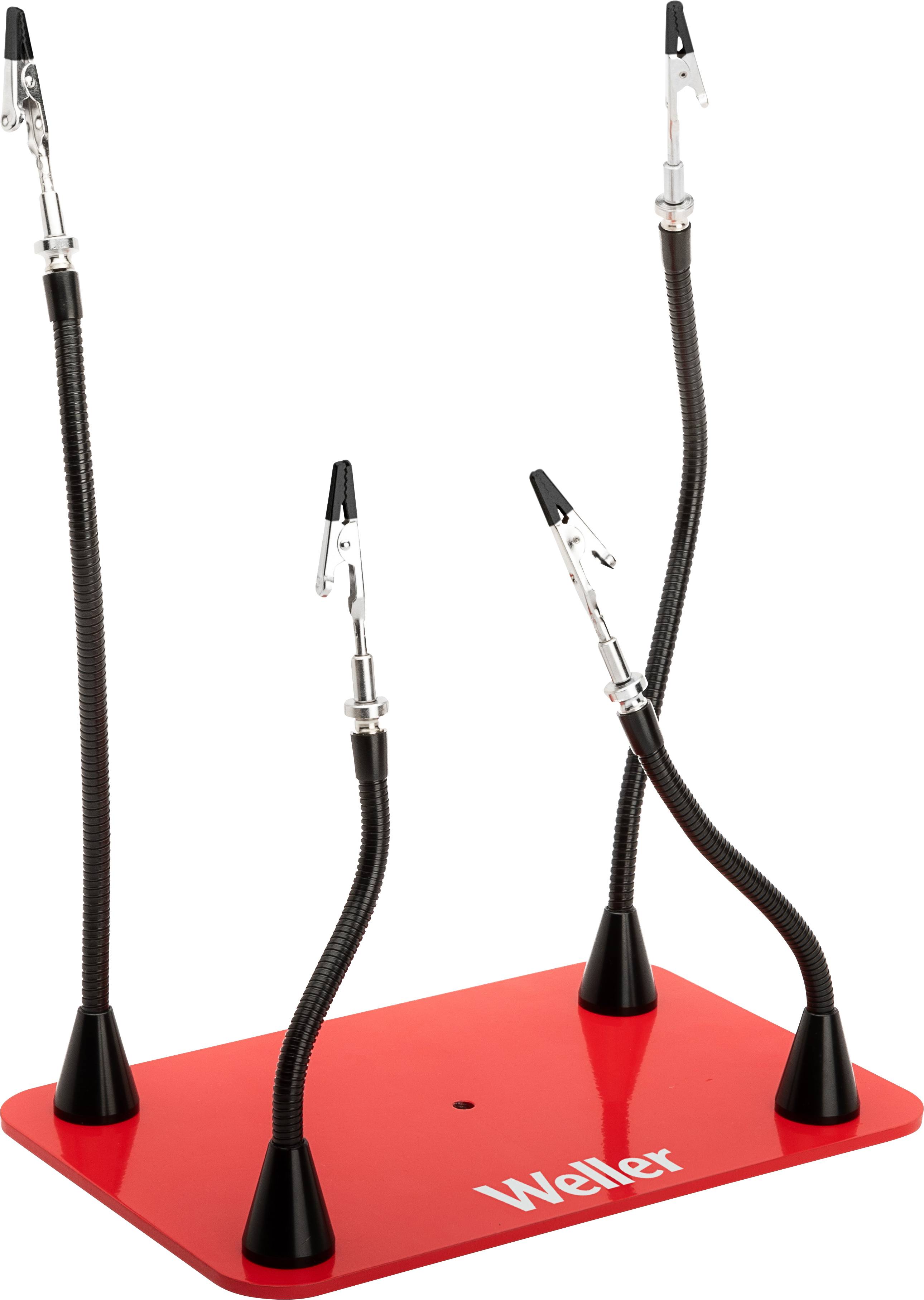 Aide à souder rouge avec quatre bras flexibles, se terminant chacun par une pince crocodile, sur une base stable portant l'inscription 'Weller'.