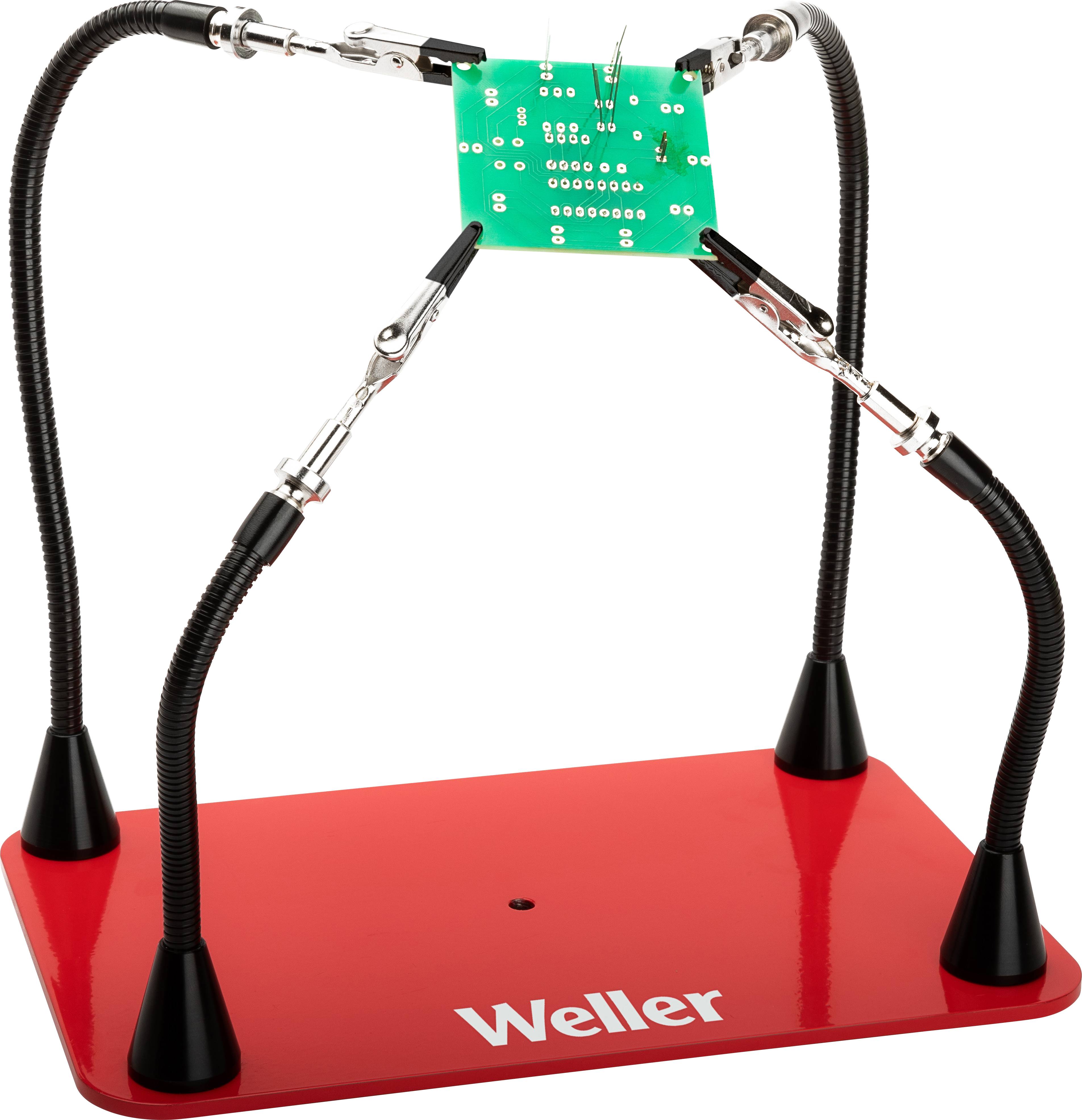 Un ensemble de supports de fer à souder rouge avec plusieurs bras flexibles, tenant une carte de circuit imprimé verte.