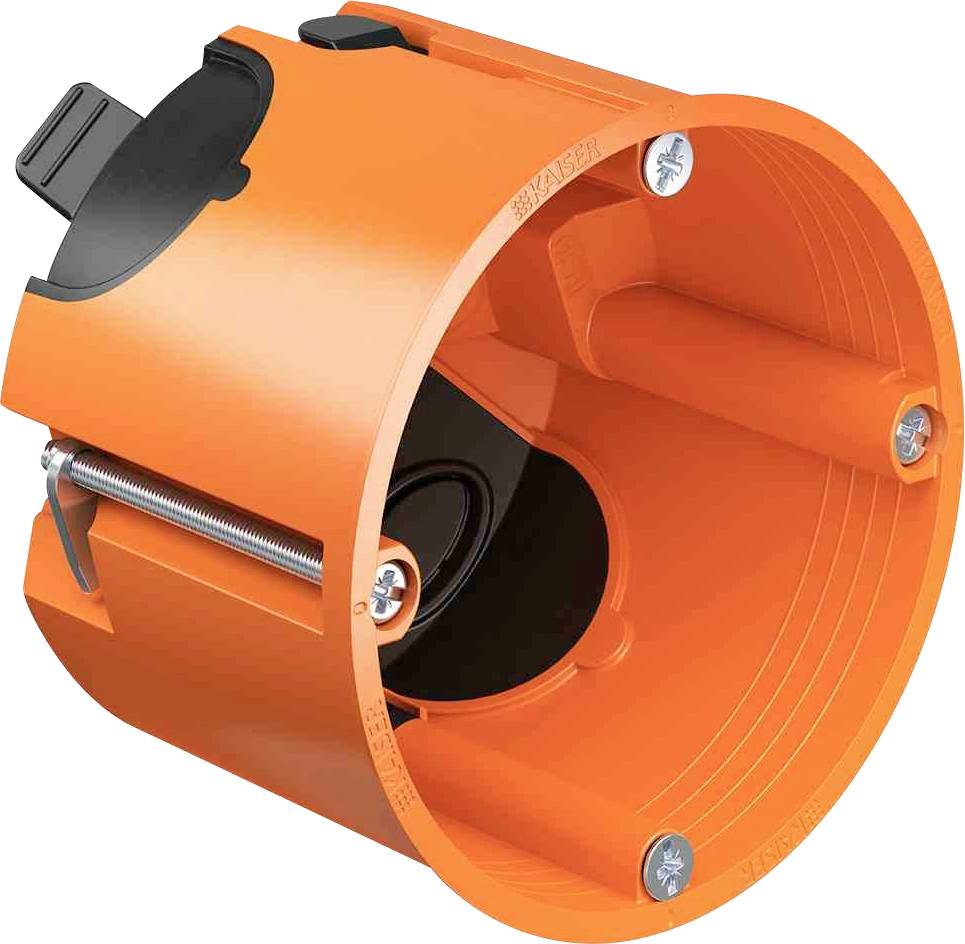 Boîte de dérivation ronde orange encastrable avec vis et support noir. Elle est prévue pour une installation dans un mur.