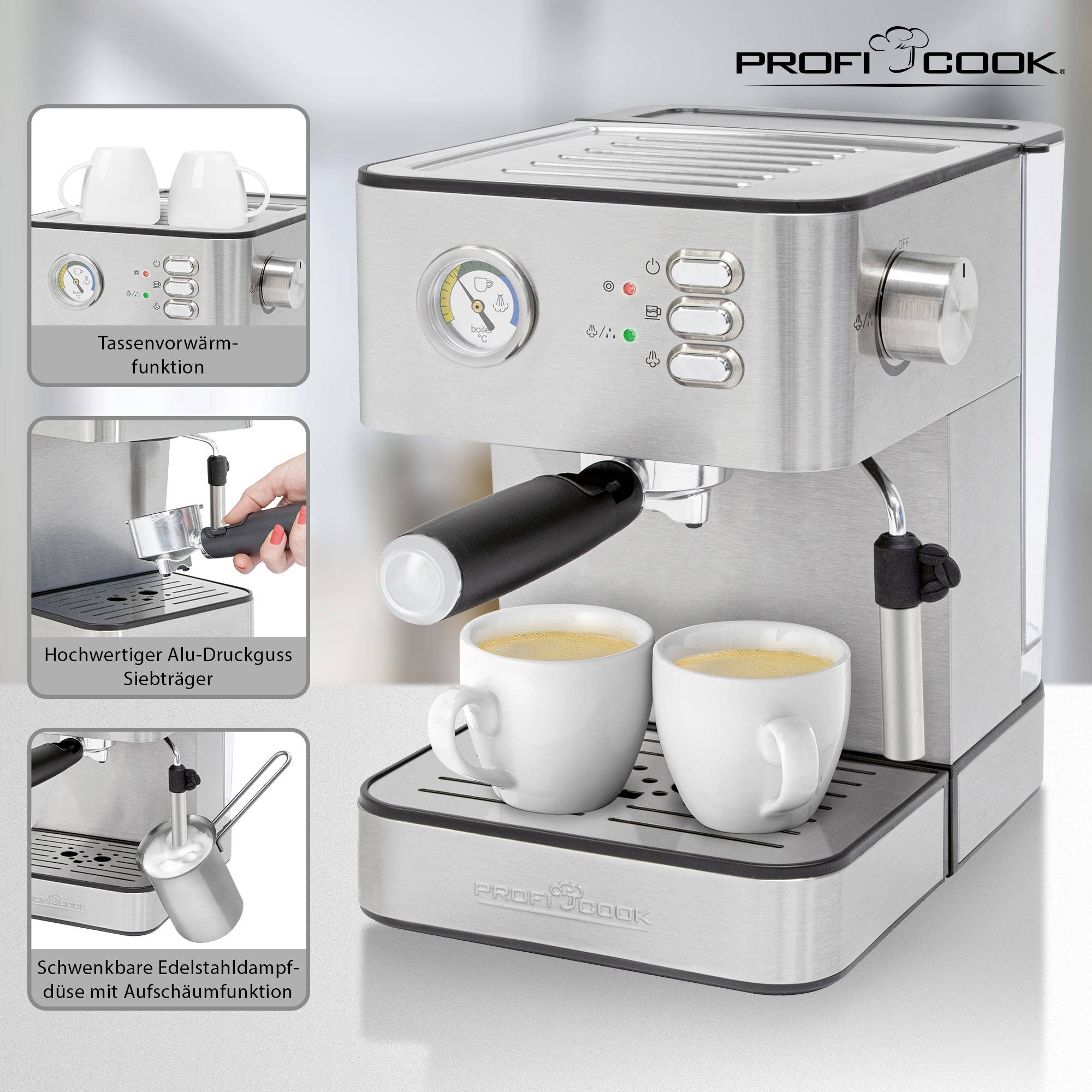 Machine à espresso avec deux tasses blanches. Fonctions : réchauffe-tasses, porte-filtre de haute qualité, buse vapeur pivotante pour la mousse de lait.