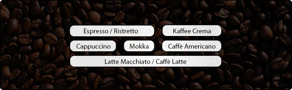 Grains de café en arrière-plan avec texte : 'Espresso/Ristretto', 'Crème Café', 'Cappuccino', 'Mokka', 'Caffè Americano', 'Latte Macchiato/Caffè Latte'.