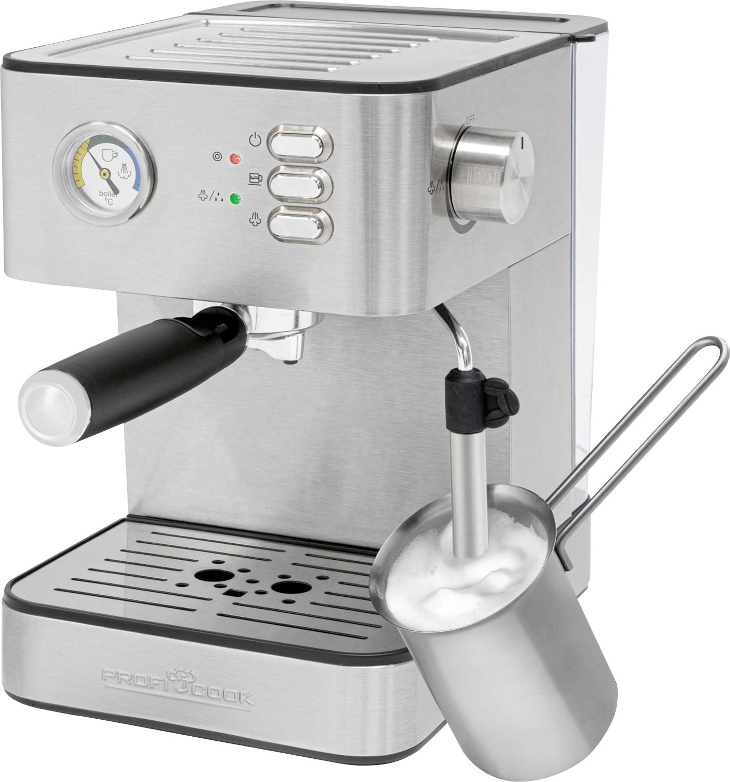 Une machine à espresso en argent avec manomètre, trois boutons et buse à vapeur. Une carafe en métal fait mousser le lait.