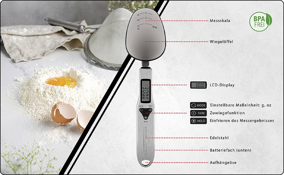 Cuillère électronique de pesage avec écran LCD et échelle de mesure. Fonctions : poids, tare, maintien. Adaptée pour mesurer les ingrédients, sans BPA.