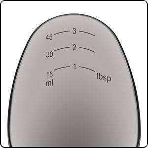 Cuillère avec indicateurs de mesure indiquant des volumes de 15, 30, 45 ml ainsi que 1, 2, 3 cuillères à soupe. Utilisable pour des mesures précises en cuisine.