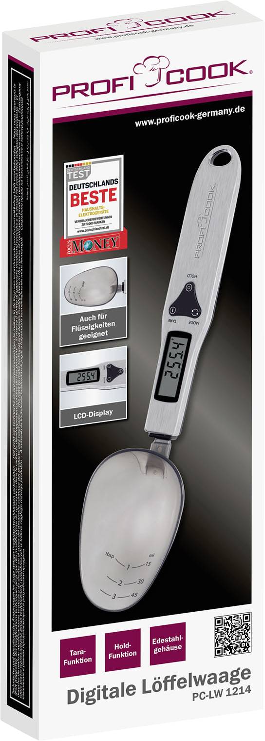 Balance numérique de précision 'PROFI COOK' avec écran LCD et fonction tare. Idéale pour mesurer précisément les ingrédients. Illustration de l'emballage.