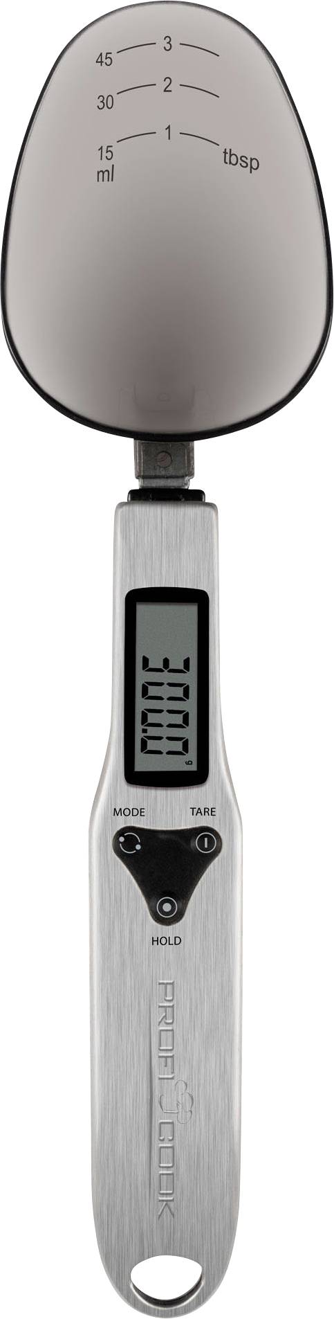 Un cuillère doseuse numérique avec un écran intégré affiche '300g'. Sur la surface supérieure de la cuillère sont imprimées des unités de mesure en ml et en c. à s.