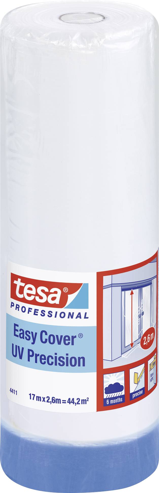 Un rouleau de film de protection Tesa Easy Cover UV Precision, 17 m x 2,6 m, pour un masquage et une protection précis lors de travaux de peinture.