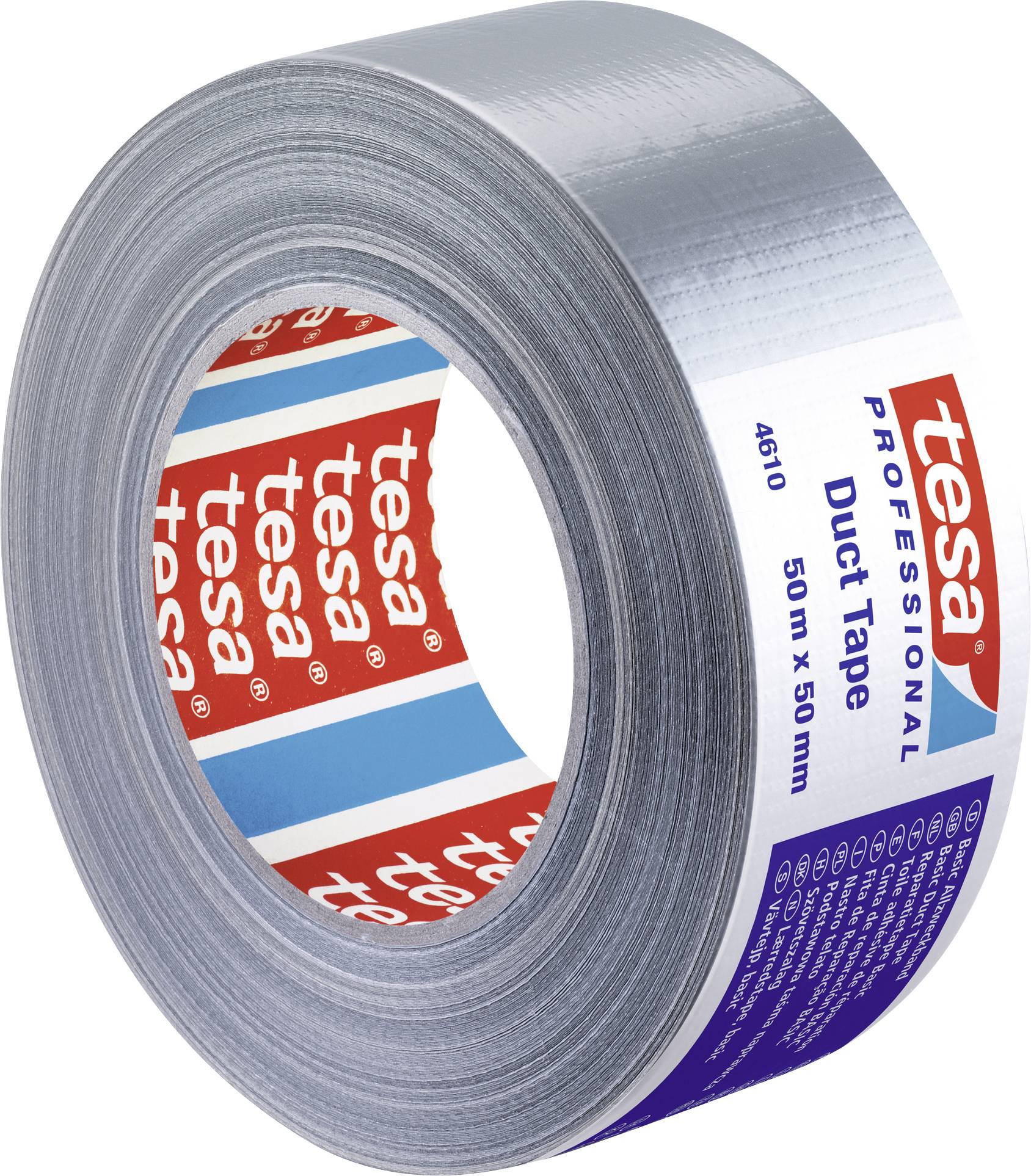 Ruban adhésif argenté portant l'inscription « tesa professional Duct Tape 50 m x 50 mm ». Le ruban est enroulé et montre partiellement le logo de la marque.