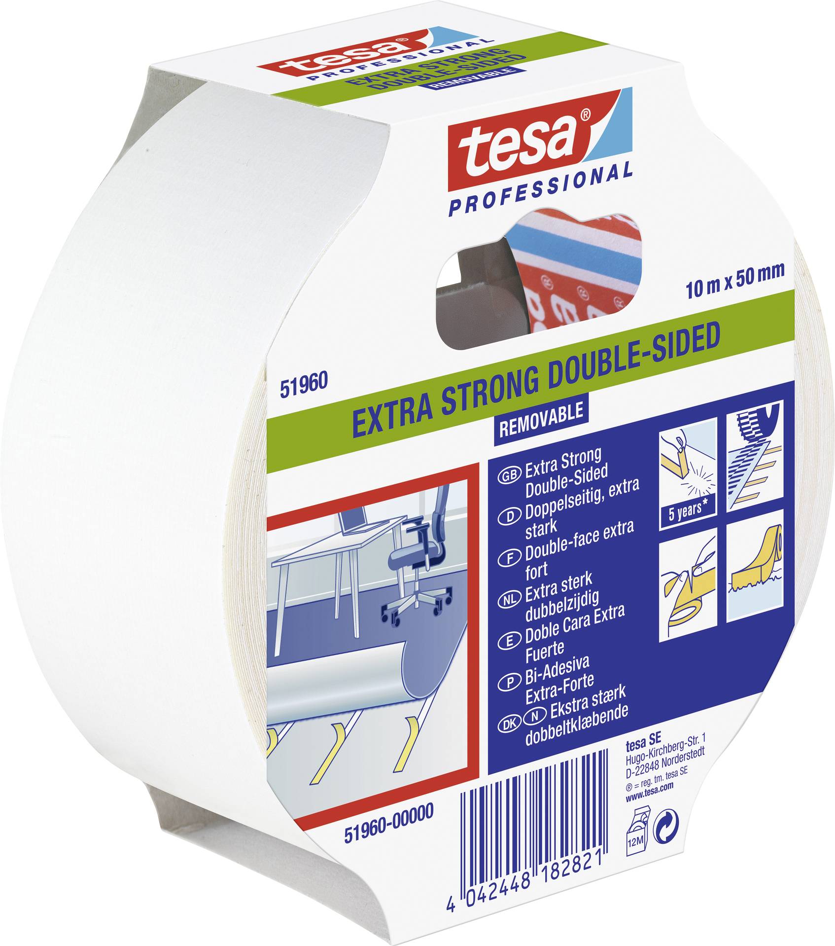 Rouleau de ruban adhésif double face extra-fort, 10 m x 50 mm. Amovible. Adapté aux professionnels. Marque : tesa.