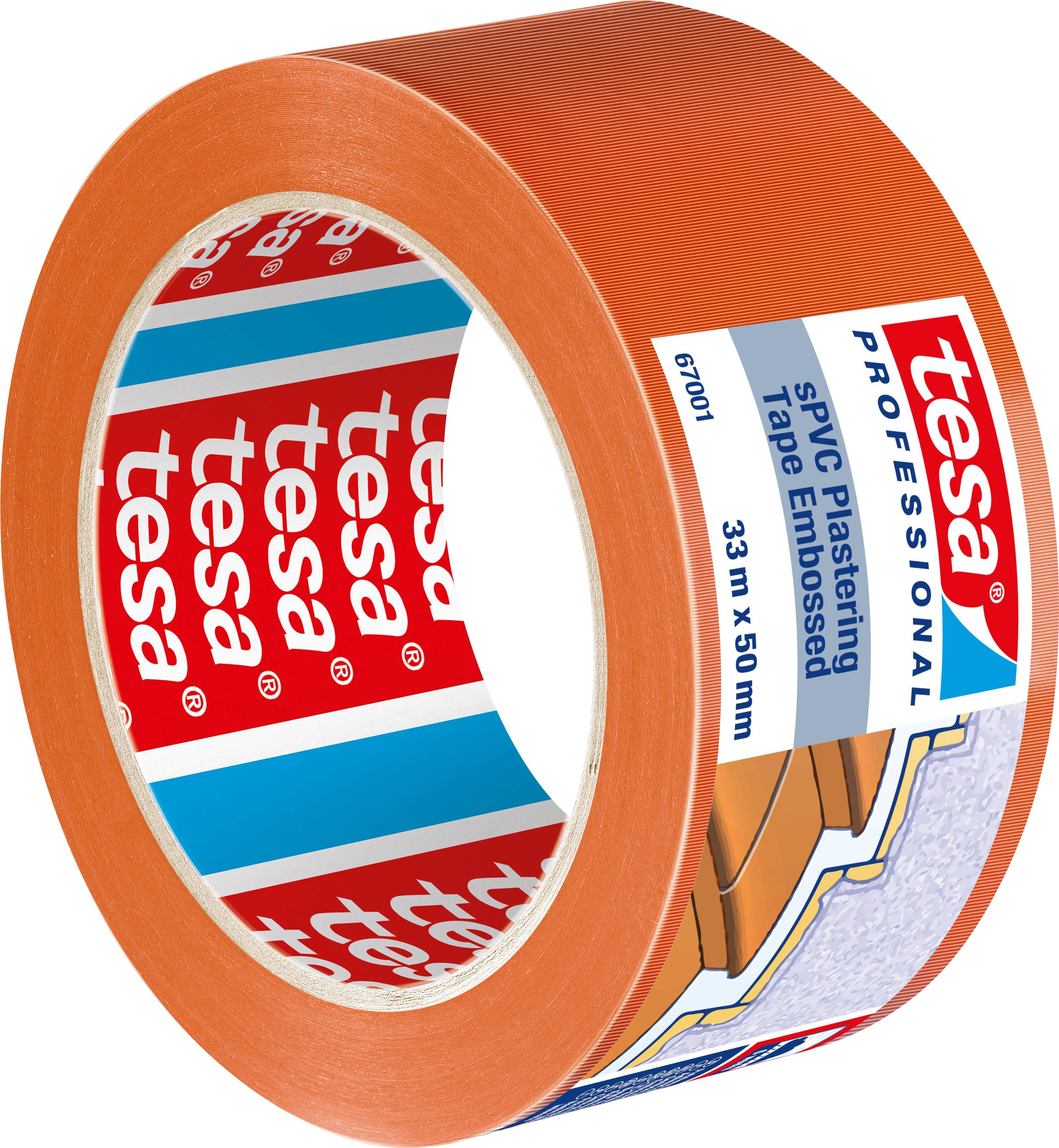 Rouleau de ruban adhésif orange de tesa portant l'inscription 'tesa Professional SPVC Plastering Tape Embossed', 33 m x 50 mm.
