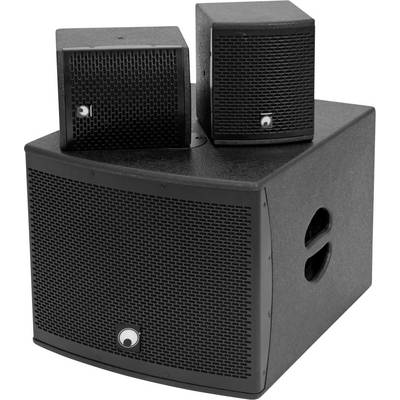 Un système de haut-parleurs avec un grand caisson de basses et deux enceintes plus petites posées dessus. Adapté pour une reproduction audio de haute qualité.
