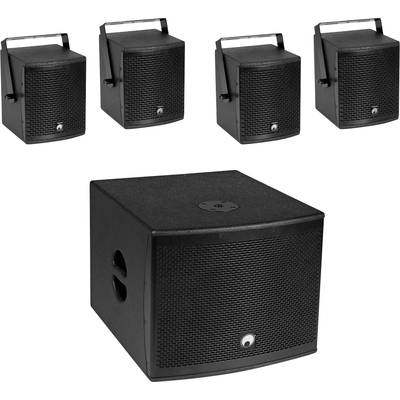 Cinq enceintes noires, dont un caisson de basses plus grand. Elles sont conçues pour être utilisées dans un système home cinéma ou un studio.