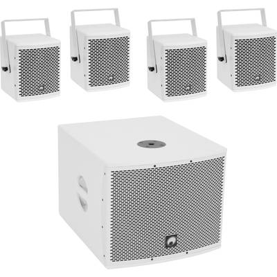 Cinq enceintes blanches : quatre enceintes compactes et un caisson de basses plus grand. Idéal pour un home cinéma ou un système audio musical.