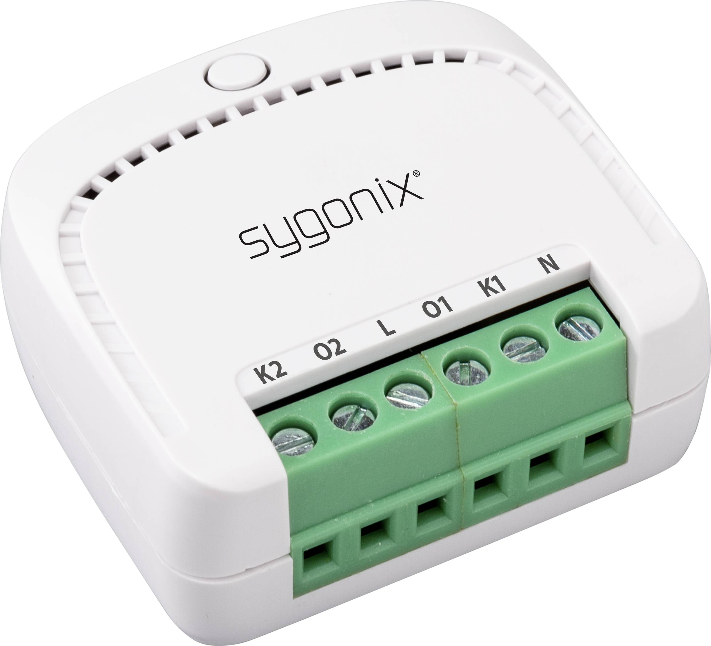 Un interrupteur électrique blanc de 'Sygnix' avec des bornes de connexion vertes, portant les étiquettes K2, O2, L, O1, K1, N.