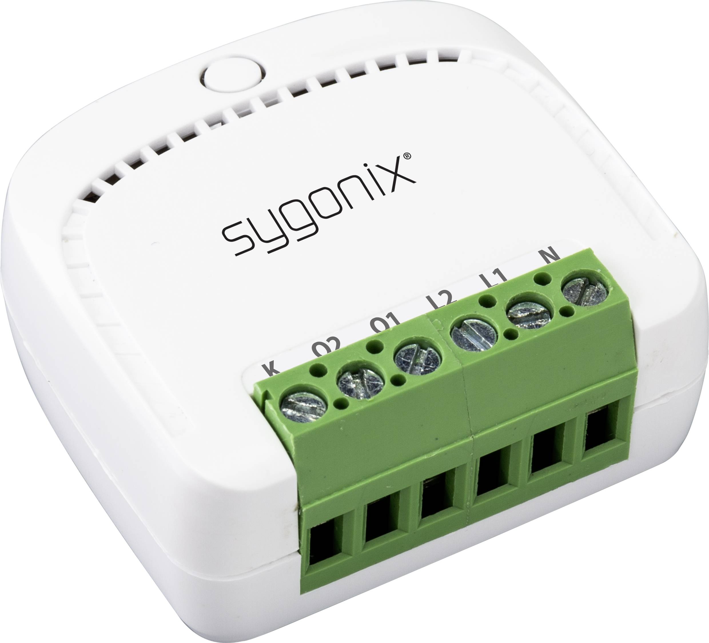 Un interrupteur ou capteur électrique blanc, carré, avec des bornes de connexion vertes et portant l'inscription « sygonix ».