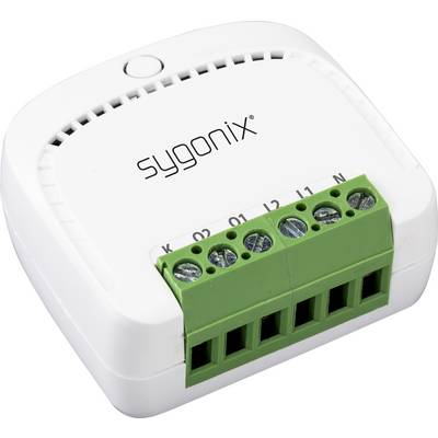 Un interrupteur ou capteur électrique blanc, carré, avec des bornes de connexion vertes et portant l'inscription « sygonix ».