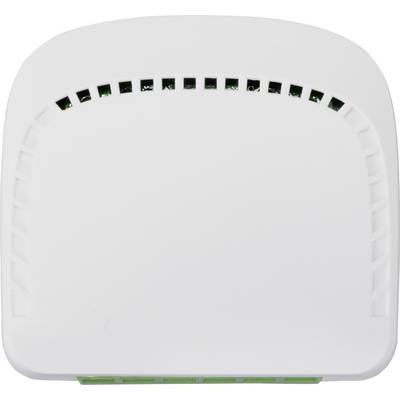 Un appareil électronique blanc avec des fentes d'aération en haut, probablement un routeur ou un modem en plastique.