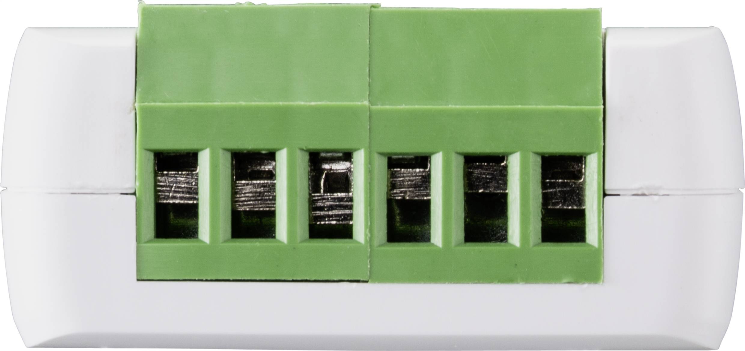 Borne électrique blanche avec quatre connexions vertes, vue du dessus.