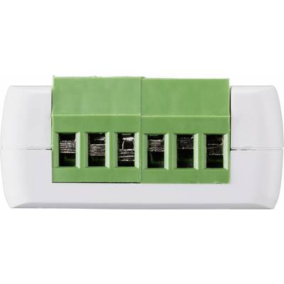 Borne électrique blanche avec quatre connexions vertes, vue du dessus.