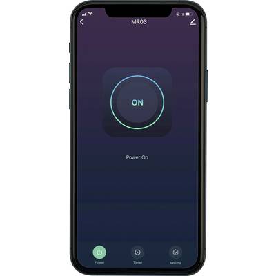 Écran de smartphone affichant une application avec un grand bouton 'ON' au centre, permettant de mettre en marche l'appareil désigné 'MR03'.