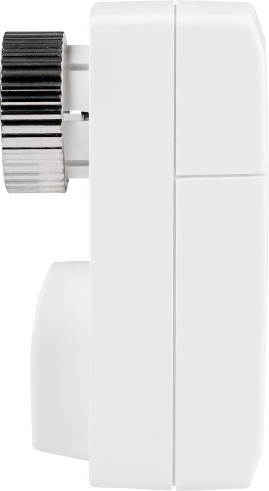 Un appareil blanc rectangulaire avec une roue rotative striée sur le côté. Il pourrait s'agir d'un thermostat ou d'un régulateur mécanique.