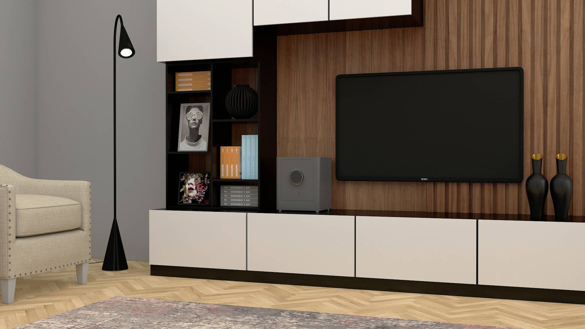 Espace de vie moderne avec revêtement en bois, meuble TV blanc et étagère, téléviseur à écran plat, lampadaire, fauteuil beige et moquette.