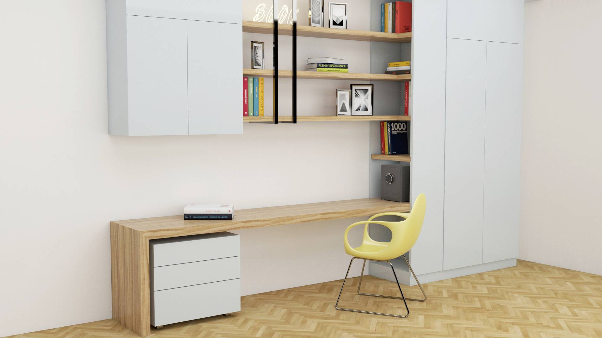 Espace de travail moderne avec un bureau en bois, une chaise jaune, des armoires blanches et des étagères garnies de livres et d'éléments décoratifs.