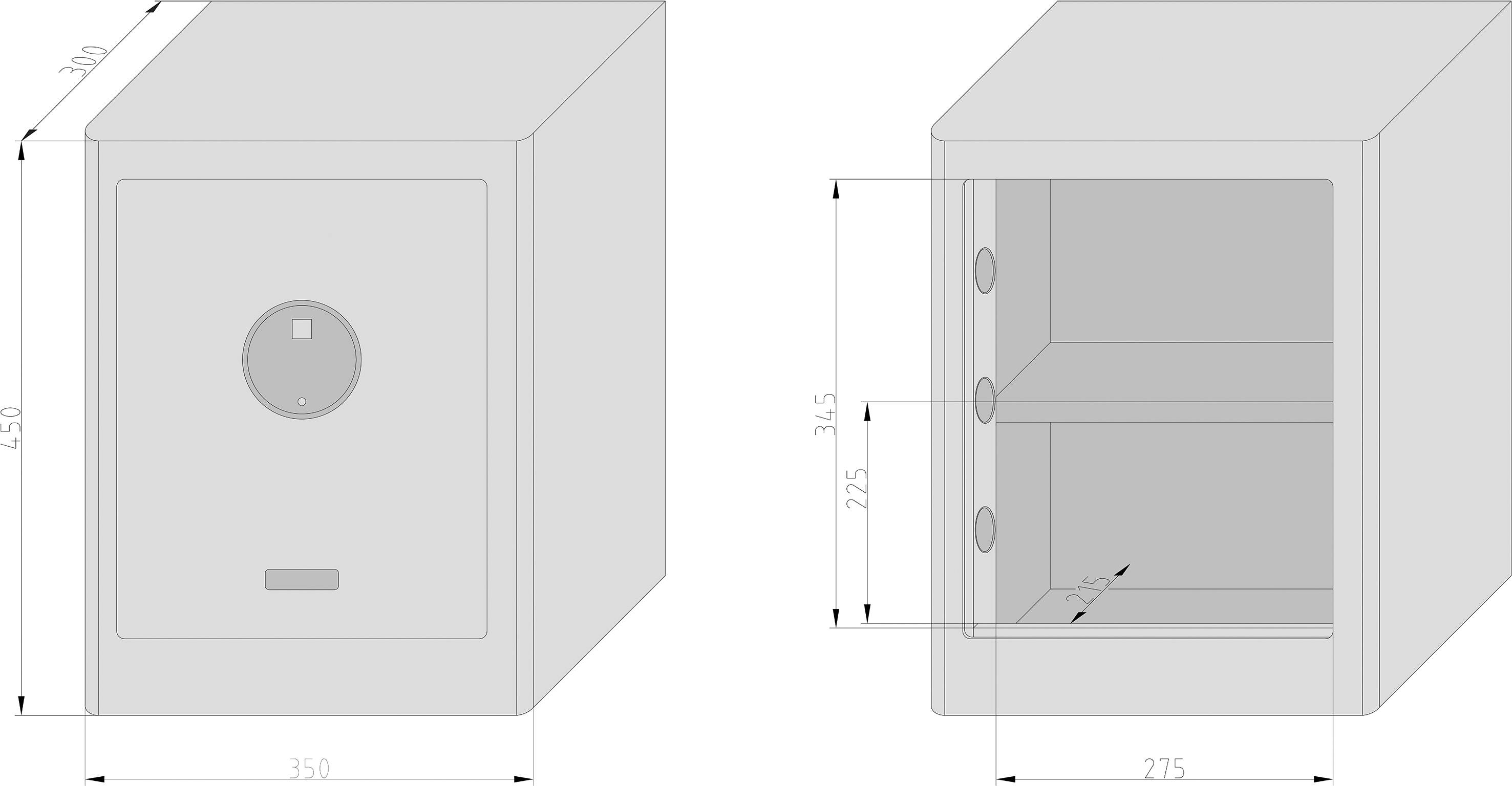 Dessin d'un coffre-fort avec deux vues : fermé à gauche, ouvert à droite. Dimensions 350x310x265 mm, avec deux compartiments intérieurs.