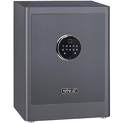 Coffre-fort gris avec serrure numérique électronique et un petit écran rond affichant des chiffres de 0 à 9.