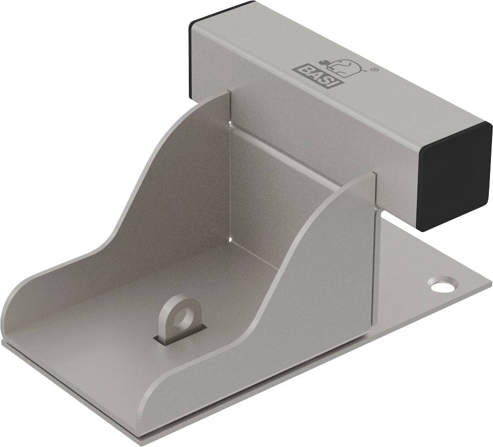 Butoir de porte métallique en forme de L, avec des angles arrondis, peint en gris, fixé sur une base rectangulaire avec un trou de vis.