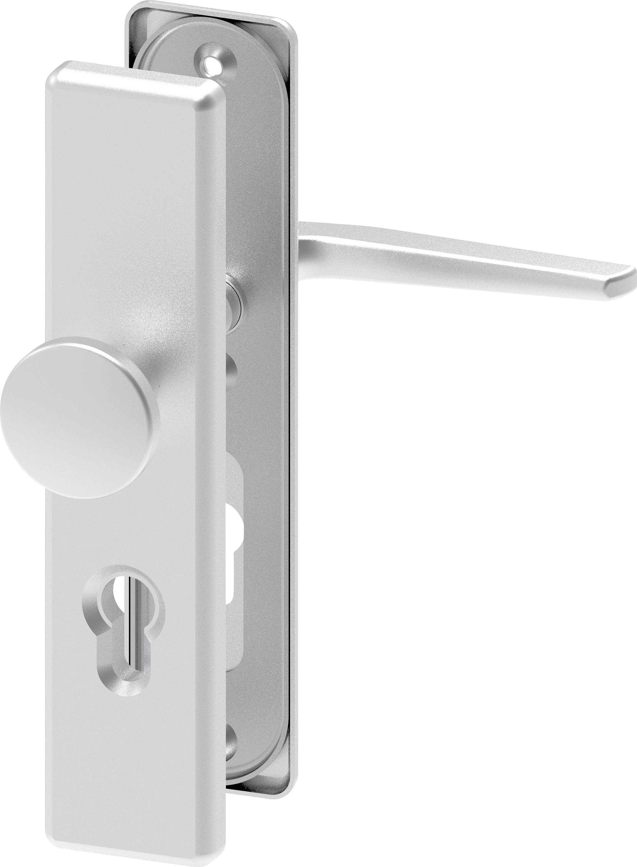 Poignée de porte en métal avec plaque rectangulaire, bouton rond et serrure intégrée, de couleur argent.