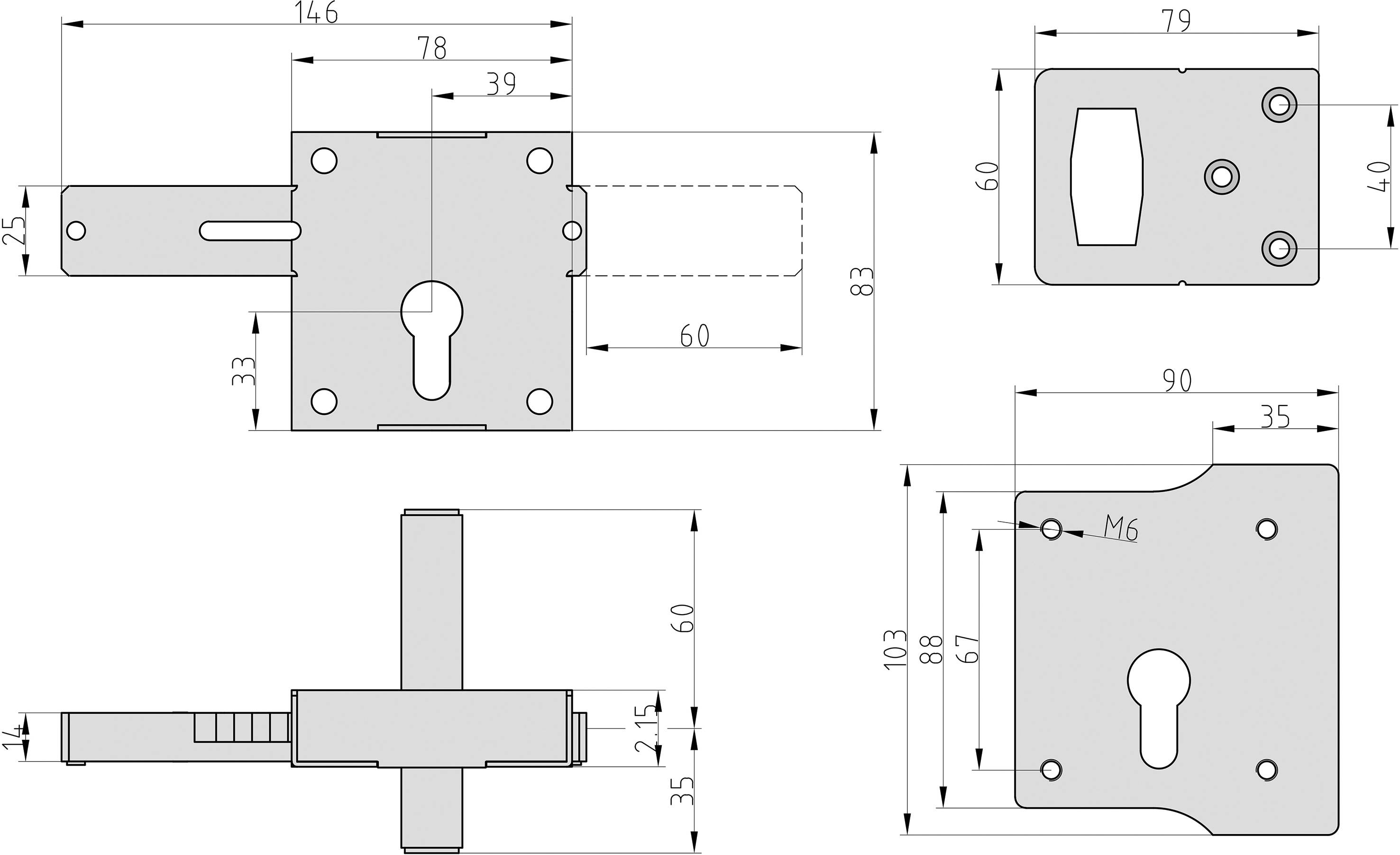 Dessin technique d'un verrou avec dimensions en millimètres. Présente les vues de face, de côté et arrière avec des mesures spécifiques.