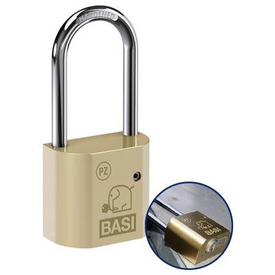 Un cadenas robuste et doré de BASI avec la gravure 'PZ', adapté pour verrouiller des objets en toute sécurité.