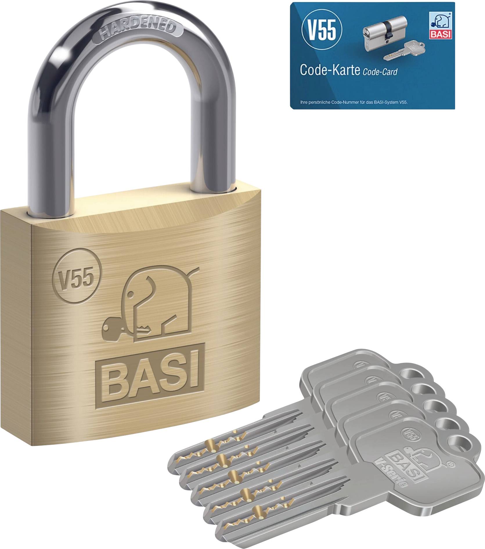 Un cadenas en laiton BASI V55 avec cinq clés dentelées et une carte étiquetée « V55 Code-Karte ». Convient pour les besoins de verrouillage sécurisé.